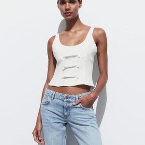 NWT Zara Front Bows Top in Ecru